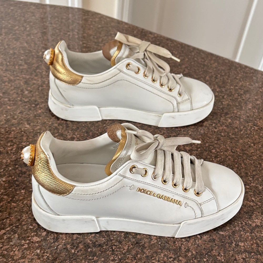 Dolce & Gabbana Ladies White Gold Pearl Accent Sneakers-6 - Picture 3 of 16
